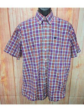 Cinch Mens Plaid Short Sleeve Shirt Size Medium Orange Purple Plaid